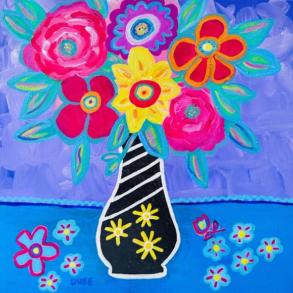 Original Folk Art Style Flower Bouquet Painting: Black Vase Multi Color 14" x14" - Picture 1 of 7